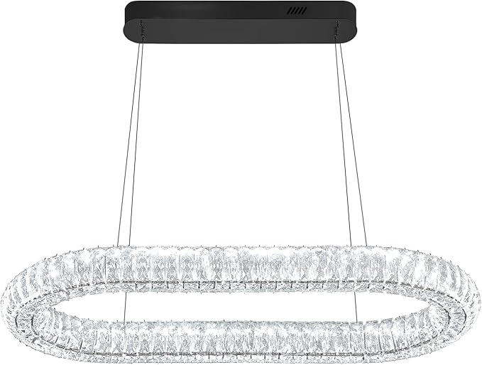 LED Crystal Ring Chandelier, 40'' Black Crystal Ring Pendant Light for Kitchen Island Modern Linear Oval Chandeliers for Dining Room Dimmable 3000K-6000K