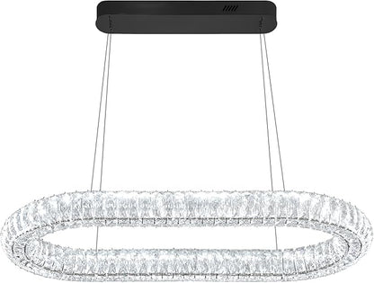 LED Crystal Ring Chandelier, 40'' Black Crystal Ring Pendant Light for Kitchen Island Modern Linear Oval Chandeliers for Dining Room Dimmable 3000K-6000K