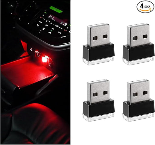 4 PCS USB LED Car Interior Atmosphere Lamp, Portable Mini LED Night Light, Plug-in USB Interface Trunk Ambient Lighting Kit, Universal Interior Car Accessories (Red)