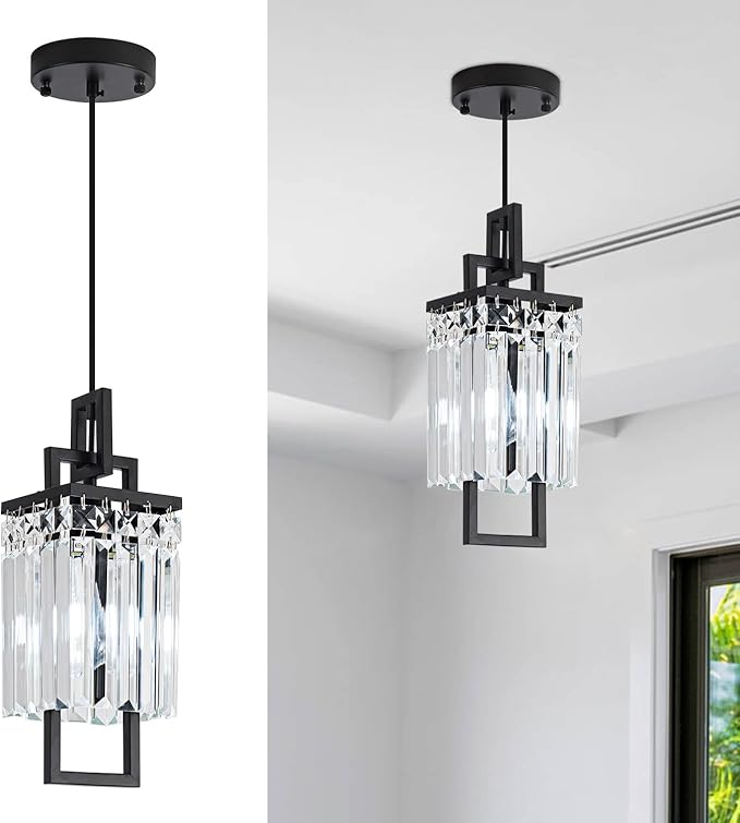 Modern Black Pendant Light Fixtures for Kitchen Island and Dining Room, Industrial Small Hanging Crystal Chandelier Light Fixture for Bedroom Entryway Living Room Foyer Hallway 1-Pack