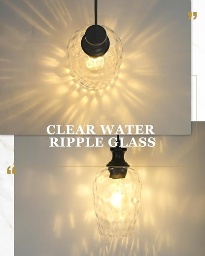 2-Pack Pendant Lights Kitchen Island, Black Hanging Lights Fixtures with Hand-Blown Hammered Clear Glass, Farmhouse Kitchen Island Lighting Over Sink, AD-24027-1P2-BK