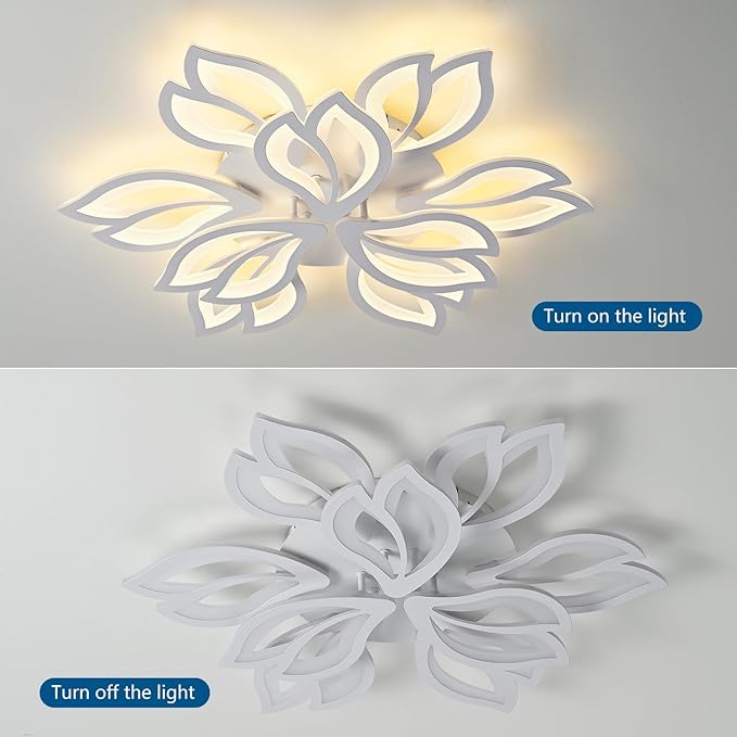28" White Modern Flower Dimmable Ceiling Light Fixture, 9 Leaves Low Profile Flush Mount Ceiling Light for Living Room Dining Room Bedroom