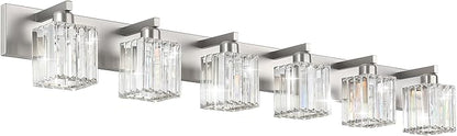 Aipsun Brushed Nickel Bathroom Light Fixtures 6 Light Vanity Lighting Fixture Crystal Modern Bathroom Vanity Light (Exclude Bulb)