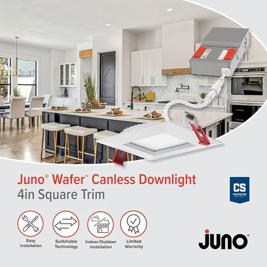 Juno LED Recessed Lights 4 Inch Square Wafer Downlight, 5-in-1 Switchable White Color Temperature, Adjustable Brightness, 120 Volts, 4-Inch Trim, 1 Pack, Matte White
