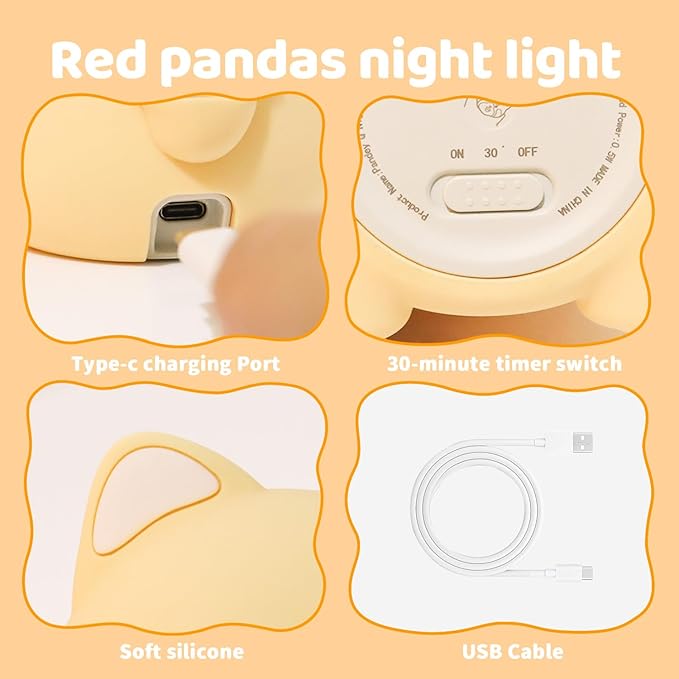 Red Panda Night Light, Squishy Silicone Lamp for Kids - Tap Control 2 Brightness, 50H Battery & Auto Timer, Cute Mothers Day Gifts for Boys Girls, Bedside Nursery Desk Decor