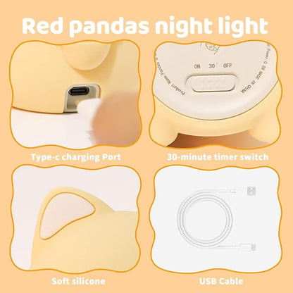 Red Panda Night Light, Squishy Silicone Lamp for Kids - Tap Control 2 Brightness, 50H Battery & Auto Timer, Cute Mothers Day Gifts for Boys Girls, Bedside Nursery Desk Decor