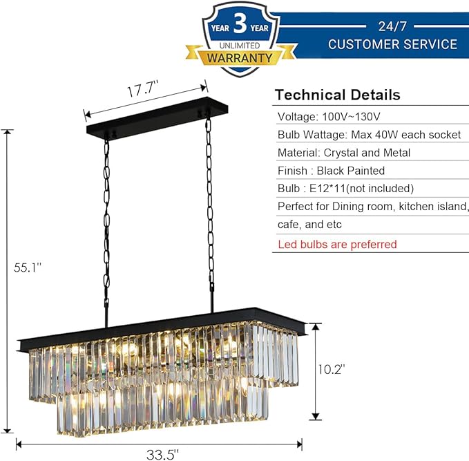 Weesalife Crystal Chandeliers for Dining Room 11-Light Black Modern Chandelier Rectangle Contemporary Pendant Light Fixture for Kitchen Island Bar L33.5 Inch