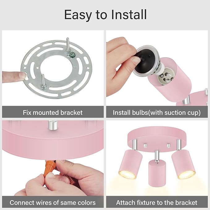 3 Light Track Lighting Fixtures Ceiling, Pink Round Directional Spotlight Fixtures, GU10 Flush Mount Ceiling Fixture, Adjustable Modern LED Track Light for Girl's Room, Bulb Not Included