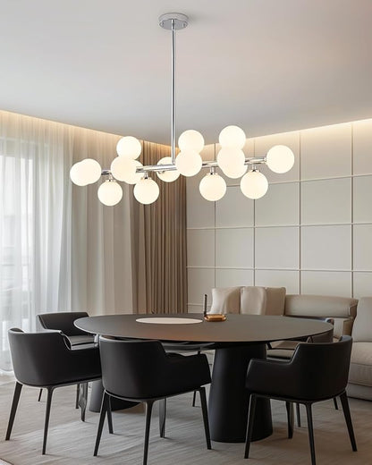 Glass Globe Sputnik Chandelier, 16-Light Mid Century Modern Light Fixture Over Table, Linear Chandeliers for Dining Room, Kitchen Island, Chrome and Milk White Bubble, 40 Inch, GC-02