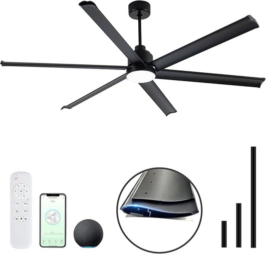 Minislak 84" Smart Alexa Industrial Ceiling Fans with Light,6 Dual-Layer Aluminum Blades,Large Black Ceiling Fan with 6 Speed Noiseless DC Motor,Indoor/Outdoor Ceiling Fan for Patio