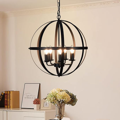 DLLT Pendant Light Metal, 5-Light Globe Pendant Lighting, Adjustable Hanging Ceiling Chandelier Light Flush Mount for Kitchen, Dining Room, Living Room, Hallway, Bedroom, Entryway, E12-Matte Black