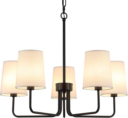 AMZASA Farmhouse Chandelier, Matte Black with White Fabric Shade, Farmhouse Linear Island Lighting Fixture for Kitchen, Dining Room (5-Light Matte Black with Fabric Shades)