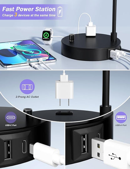 Innqoo Black Table Lamp for Bedroom with USB Port and Outlet, Dimmable Nightstand Bedside Lamps with Linen Lampshade, Desk Lamp for Home Office, Living Room, Guest Room, LED Bulb Included