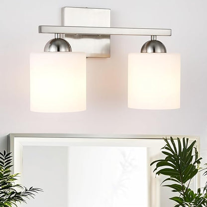 2 Light Brushed Nickel Vanity Lights for Bathroom, Modern Bathroom Light Fixtures Over Mirror, Vanity Light with Milky White Glass Shades, Farmhouse Wall Lights, E26 Socket