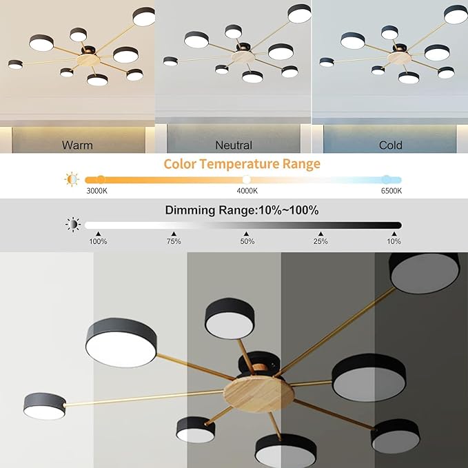 8-Lights LED Ceiling Light Fixture,48 Inch Modern Ceiling Lights Flush Mount Wooden 64W Dimmable Chandelier for Living Room Bedroom Kitchen,3000K/4000K/6000K Black