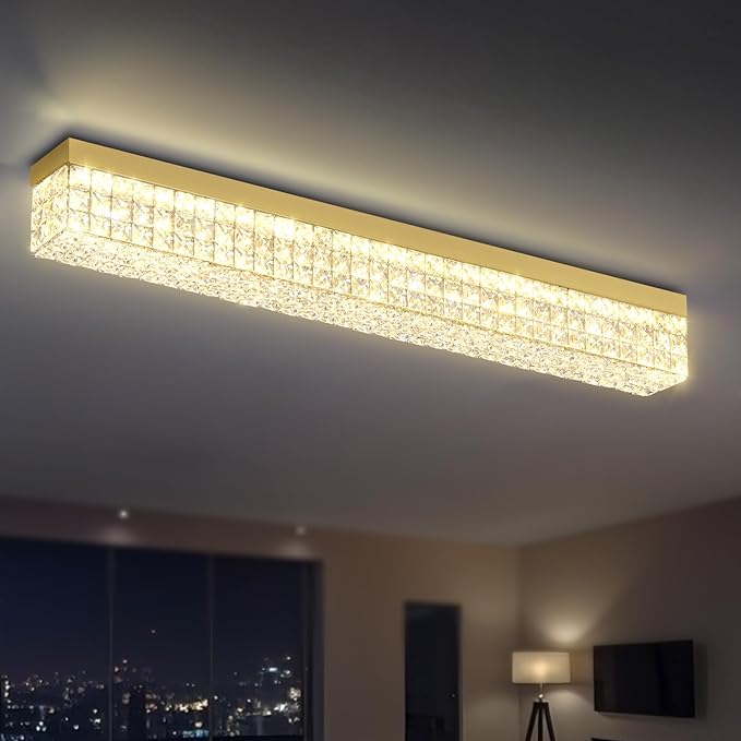 ykolupty L 40" Modern Rectangle Chandelier Gold Rectangular Flush Mount Chandelier Crystal Ceiling Light Fixture for Dining Living Room Kitchen Island