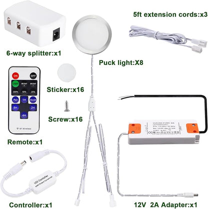 AIBOO Linkable Under Cabinet LED Lighting 12V Dimmable Puck Lights Hardwired with Wireless RF Remote Control for Kitchen Mood Lighting(8 Lights, Daylight White, NO Wall Plug)