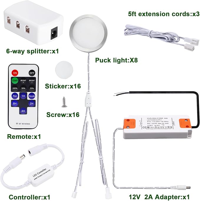 AIBOO Linkable Under Cabinet LED Lighting 12V Dimmable Puck Lights Hardwired with Wireless RF Remote Control for Kitchen Mood Lighting(8 Lights, Warm White, NO Wall Plug)