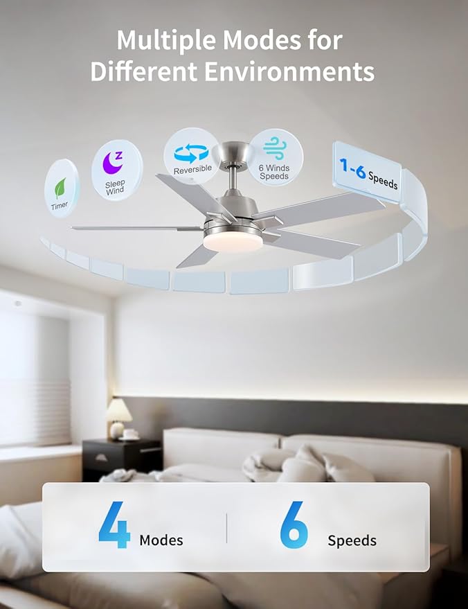 Rayqueen 42 Inch Ceiling Fans with Lights and Remote, 6 Speed Reversible DC Motor, 3CCT Dimmable LED, Modern Brushed Nickel Ceiling Fan for Bedroom, Living room & Covered Outdoor,Includes Downrod