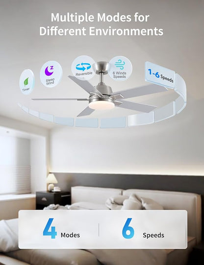 Rayqueen 42 Inch Ceiling Fans with Lights and Remote, 6 Speed Reversible DC Motor, 3CCT Dimmable LED, Modern Brushed Nickel Ceiling Fan for Bedroom, Living room & Covered Outdoor,Includes Downrod