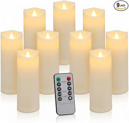 Enido 9pcs Flameless Candles with Remote, 2.2" x 5/6/7" Heat-Resistant Plastic LED Pillar Candles, Battery Operated Moving Wick Fake Candles with Timer, Realistic for Wedding, Outdoor, Home Decor