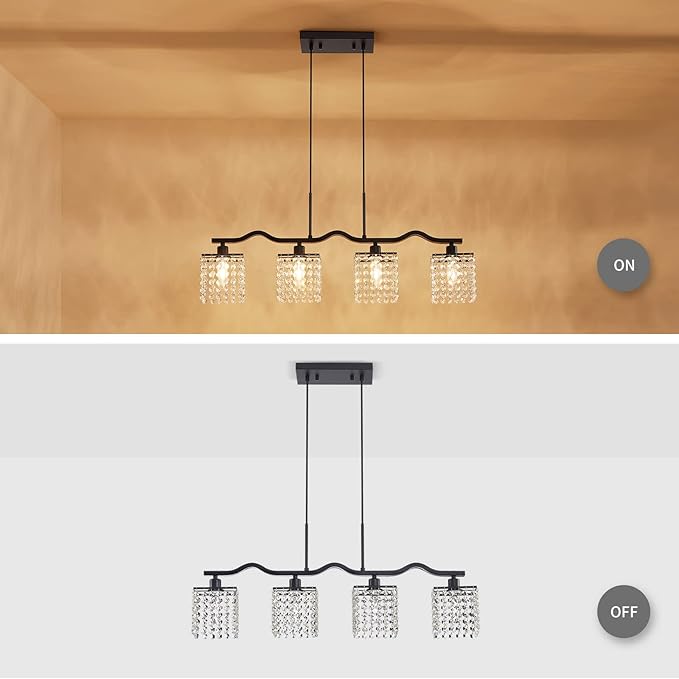 WUZUPS Crystal Chandelier 4-Light Linear Raindrop Pendant Ceiling Light Modern Lighting Fixture for Bedroom Dinning Room Bar Kitchen Island, H8.7'' W4.7'' L30.5, E12 Base, Black