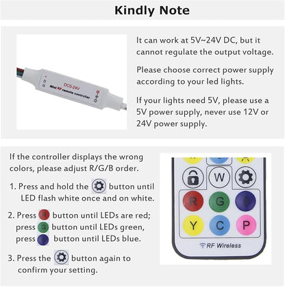 ALITOVE WS2812B WS2811 Addressable LED Controller RF Remote Wireless Mini Controller 5~24V DC for WS2812 WS2811 Dream Color Rainbow RGB LED Pixel Strip Panel Light, 3pin JST Connector 200 Color Modes