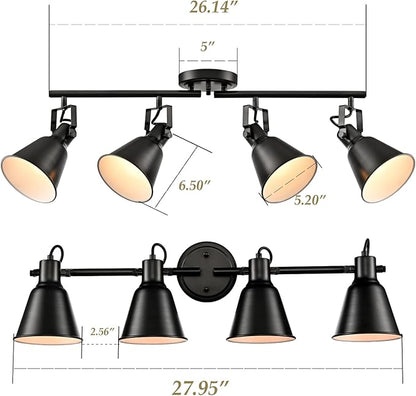 DIRYZON 4-Light Industrial Matte Black Adjustable Round Track Lighting, Semi Flush Mount Ceiling Light with Multi-Directional Heads for Kitchen, Living Room, Bedroom, Hallway, Dimmable