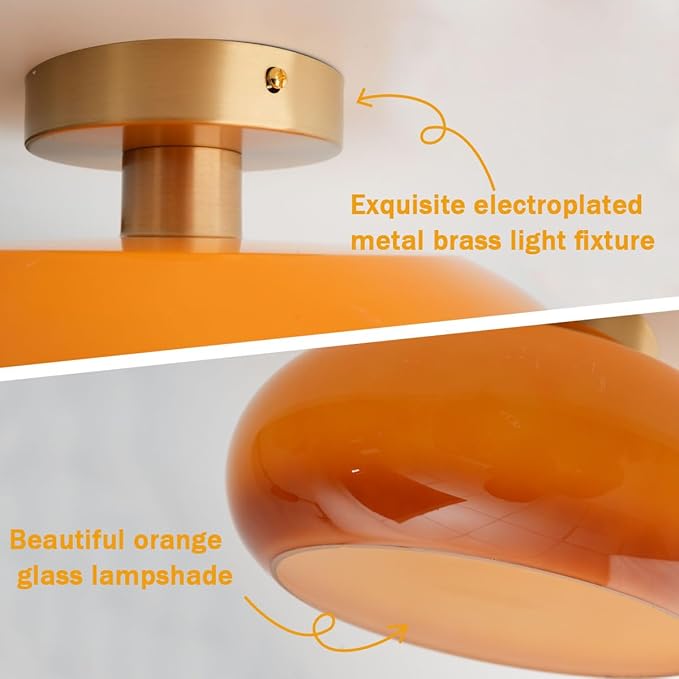 Modern Glass Flush Mount Ceiling Light, Orange Gold Mid Century Hallway Light Fixtures, Vintage Glass Ceiling Lamp, Brushed Brass Pantry Dining Room Light Fixture