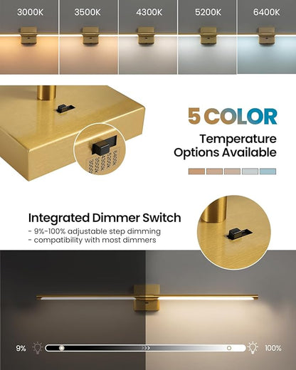 Gold Vanity Light Fixtures for Bathroom Over Mirror 40 inch LED Bath Sconces IP44 5CCT Adjustable Morden Picture Lights for Paintings (Built-in Dimmer)