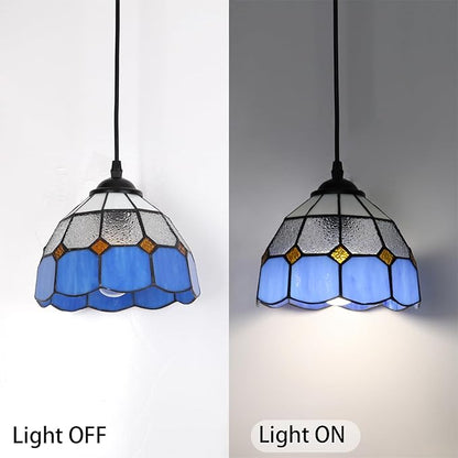HuisMier Tiffany Style Plug in Pendant Light, Dimmable Small Hanging Lights with 15 Ft Plug in Cord, Vintage Stained Glass Swag Lamp for Dining Room Bedroom Living Room Porch, 7.9" Width