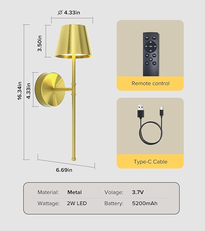 UME Wireless Sconces Set of 2 with Remote, 5200mAh Battery Powered Sconces - Small Rechargeable Sconces w/ 3 Color Temps & 5 Brightness Levels for Bedroom, Living Room, Wall Painting, Cafe(Gold)