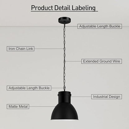 BoostArea Black Pendant Lights Kitchen Island, 10.6" Large Metal Shade and 70.9'' Adjustable Height, Modern Pendant Lighting Fixtures,Farmhouse Hanging Pendant Light for Kitchen Island/Bar,No E26 Bulb