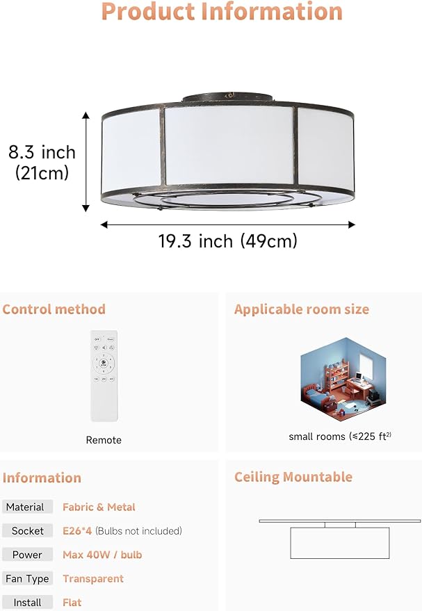 Low Profile Ceiling Fans with Lights, 20" Flush Mount Ceiling Fan with Light, Black and White Boho Bladeless with 6 Speeds Remote Control for Bedroom, Nursery, Living Room