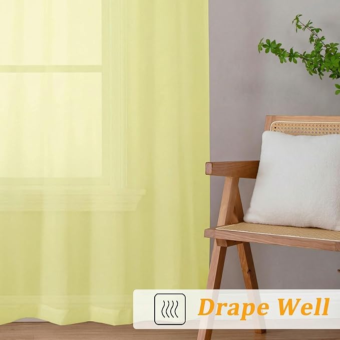 Gwine Short Kitchen Sheer Curtains 36 Inch Length - Light Filtering Voile Small Half Window Curtain for Basement, Rod Pocket Cafe Curtains for Bathroom Cabinet, 42Wx36L Inch, 2 Panels, Lemon