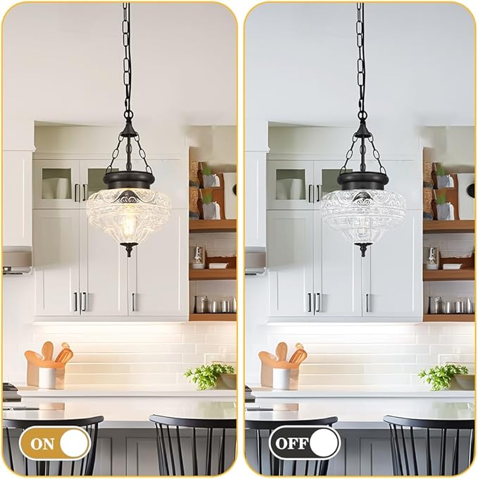 Vintage Pendant Light, Matte Black Pendant Lights Kitchen Island with Unique Thickened Glass, Hanging Lighting Fixtures with Adjustable Chain, Chandelier for Kitchen, Island, Dining Room, Entryway