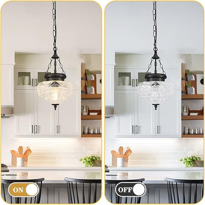 Vintage Pendant Light, Matte Black Pendant Lights Kitchen Island with Unique Thickened Glass, Hanging Lighting Fixtures with Adjustable Chain, Chandelier for Kitchen, Island, Dining Room, Entryway