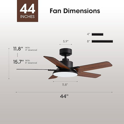 Fanbliss 44 Inch Ceiling Fans with Lights and Remote Control, Modern Ceiling Fan with Dimmable LED, 6 Speeds, Timer, Quiet Reversible DC Motor, Black Ceiling Fan for Bedroom, Living Room and Kitchen