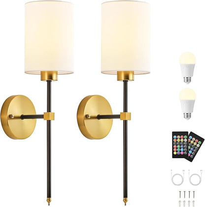 Battery Operated Wall Sconce Set of Two, Wireless Rechargeable Wall Light With Remote Control, Dimmable, 4 Color Temperatures, RGB, Timer, for Living Room,Bedroom,Entryway, Black Gold, 20.6 Inch