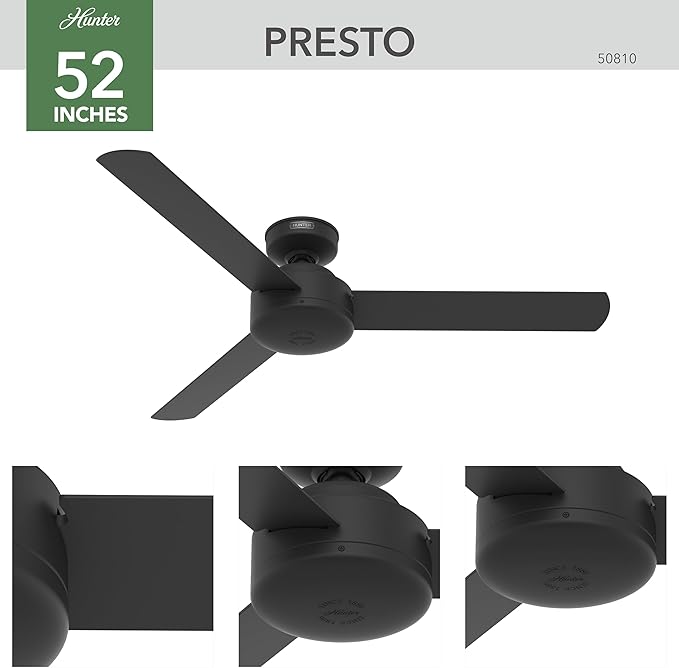 Hunter 52 inch Indoor Ceiling Fan No Light - Black Modern Ceiling Fan without Light, 3 Blades, Standard Mount, For Bedroom, Living Room, or Kitchen, Wall Control - Presto 50810, Matte Black