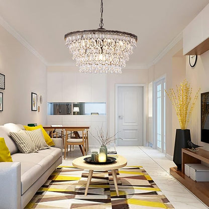 Wellmet Crystal Chandelier, 6-Light 5 Tiers Farmhouse Bronze Ceiling Lighting Fixture, Modern Foyer Dining Room Chandeliers for Bedroom, Hallway, Bar, Kitchen, W20-inch
