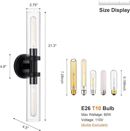 SANTOSTOCK Black Sconces Wall Lighting, Bathroom 2-Light Vanity Light W/Clear Glass Shade, Modern Wall Mounted Lights for Mirror, Makeup Vanity, Kitchen, Washroom, Hallway, E26 T10 Bulbs(Excluded)