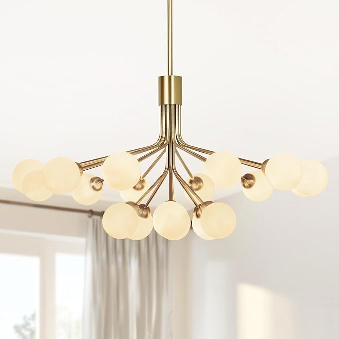 Depuley Bubble Ball Sputnik Chandelier: 18-Light Glod Modern Mid-Century Chandeliers for Dining Room - Milky White Glass Ceiling Light Fixture Height Adjustable Kitchen Over Table Included G9 Bulbs