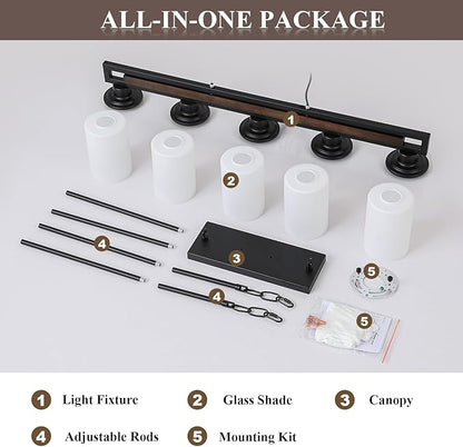 Farmhouse Dining Room Light Fixture, 5-Light Wood Kitchen Island Lighting for Dining Room Over Table, Black Adjustable Pendant Light with Milk Glass Shades, Linear Chandeliers Lighting for Kitchen