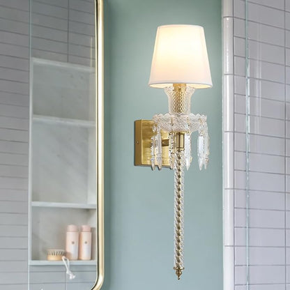 Modern Crystal Wall Sconce with Linen Shade Vintage Crystal Gold Wall Light Modern Glass Golden Wall Lamp for Bedroom, Hallway, Living Room, Mirror