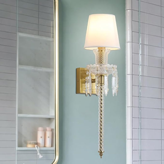 Modern Crystal Wall Sconce with Linen Shade Vintage Crystal Gold Wall Light Modern Glass Golden Wall Lamp for Bedroom, Hallway, Living Room, Mirror