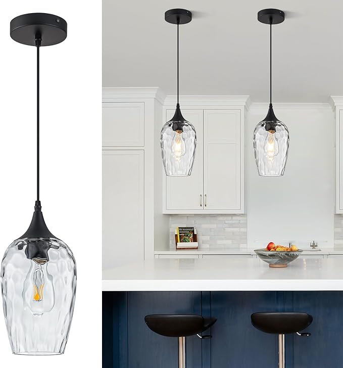 Glass Pendant Lights Kitchen Island, Black Pendant Light Fixtures with Hand-Blown Clear Glass Modem Farmhouse Hanging Light for Kitchen Sink Dining Room Bedroom