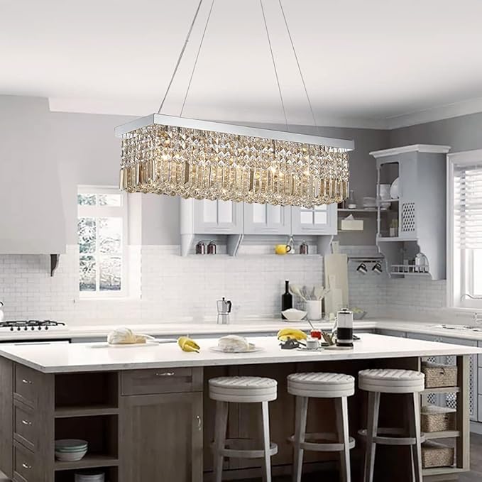 Saint Mossi 5-Lights Modern K9 Crystal Chandelier, Crystal Pendant Light Fixture, H9 x W10 x L31, Chain Adjustable Max 59“, Champagne Crystal & Chrome Finish