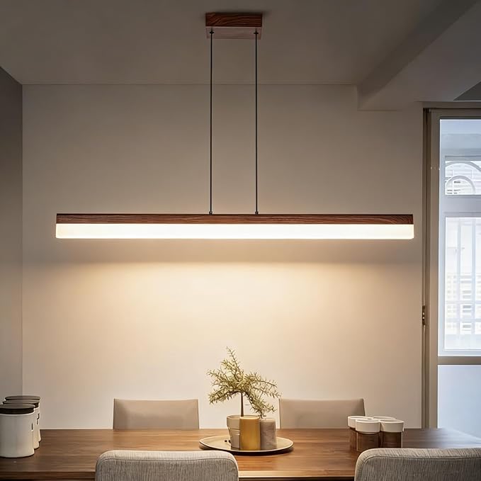 39" Modern Linear Pendant Light Dimmable LED Ceiling Hanging Light Fixtures Woodgrain Linear Chandelier with Adjustable Height for Kitchen Island Dining Room 3000K