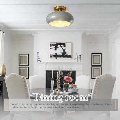 Mid Century Light Fixture Vintage Ceiling Light - Milk Glass Gray Shade Semi Flush Mount Ceiling Lights fixtures Gold Brass Flush Mount Lights for Entryway Foyer Hallway Hall Bedroom